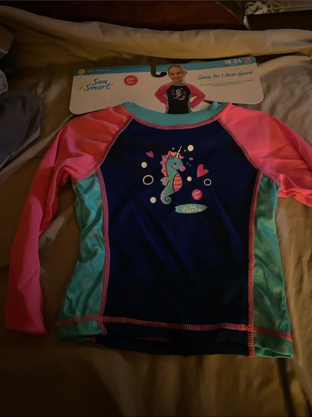 Girls' Navy, Pink & Aqua Seahorse Rashguard Swim Top -